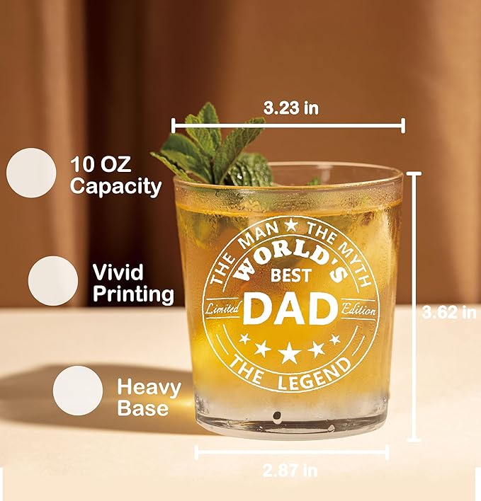 Nogrit World's Best Dad Whiskey Glasses 10 oz, Best Dad Gifts for Father's Day Birthday from Sons Daughters, Father Gifts Old Fashioned Rocks Glasses for Drinking Cocktail Scotch Vodka Tequila Rum