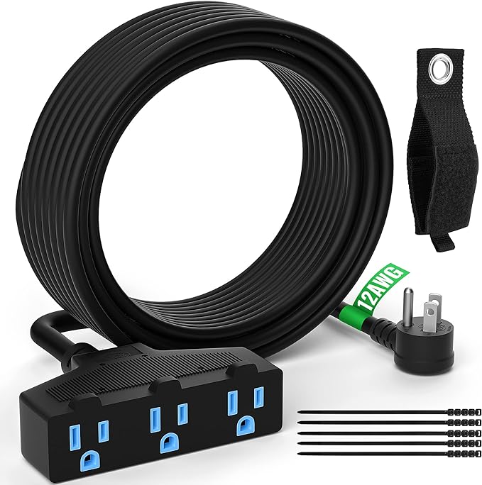 Outdoor Extension Cord 15 Ft with 3 Outlets, 12/3 SJTW 3 Prong Grounded Power Cord, 12 Gauge 12AWG Heavy Duty Power Cable, ETL Listed, 15 Amp 125 V 1875 W-Multiple Outlets for Indoor/Outdoor-Black