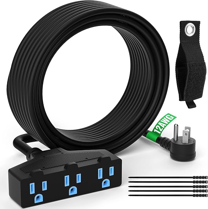 Outdoor Extension Cord 35 Ft with 3 Outlets, 12/3 SJTW 3 Prong Grounded Power Cord, 12 Gauge 12AWG Heavy Duty Power Cable, ETL Listed, 15 Amp 125 V 1875 W-Multiple Outlets for Indoor/Outdoor-Black