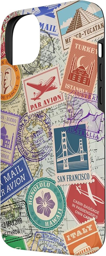 World Map Travel Passport Stamps Postage Stamp Case for iPhone 14 Plus