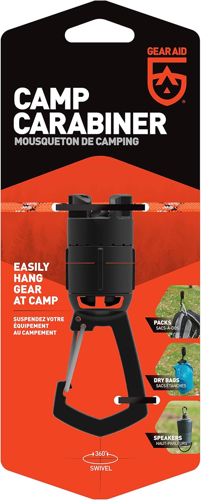 GEAR AID Camp Carabiner for Hanging Camping Towels, Packs, Lights, Speaker on a 550 Paracord with 1/4-20 Attachment Point | Swivels 360° for Easy Access to Devices & Gear
