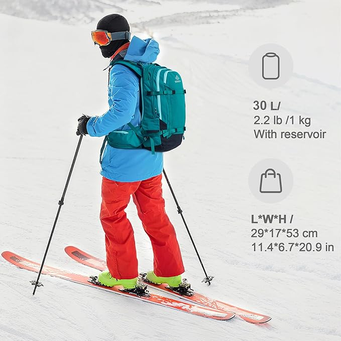 Ski and Snowboard Hydration Backpack, with 2L Water Reservoir and Insulated Harness, 30L Hydration Pack for Skiing, Hiking