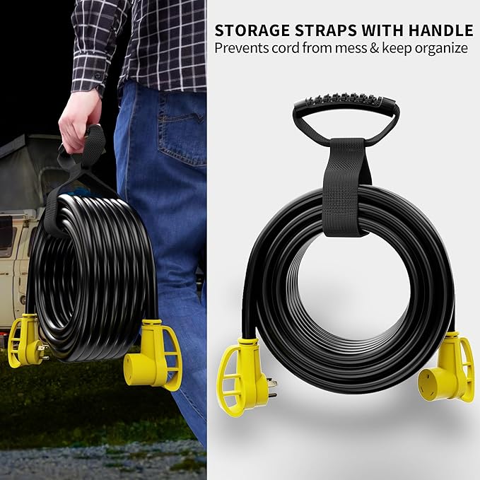 POWGRN 30 Amp RV Extension Cord 15 FT Outdoor with Grip Handle, Flexible Heavy Duty 10/3 Gauge STW 3 Prong RV Power Cord with Cable Organizer, NEMA TT-30P to TT-30R, Black-Yellow, ETL Listed