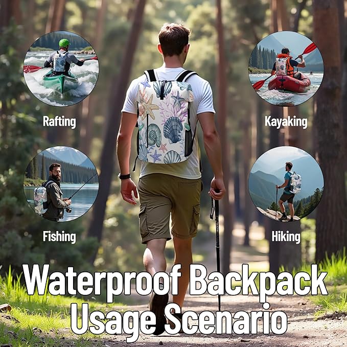 Waterproof Backpack Heavy Duty Marine Dry Bags for Kayaking Hiking Fishing Travel Backpack Roll-Top Closure Bag with Waterproof Phone Case - Sea Shell Coral Nautical Starfish 35L/55L/85L