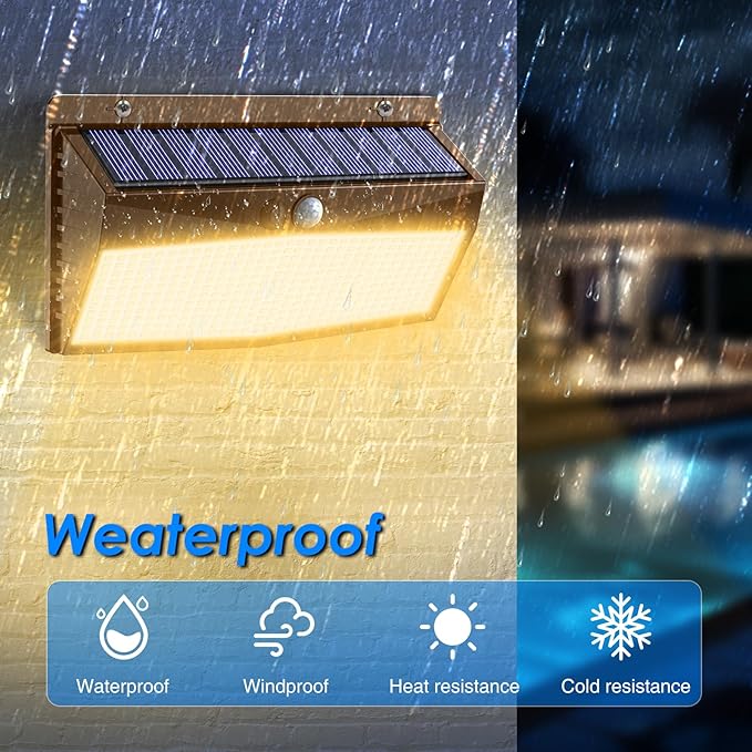 2 Pack 368 LED Solar Lights Outdoor Motion Sensor, Solar Fence Light with 3 Lighting Modes, Solar Powered Security Lights Waterproof for Outside Yard Wall Garden Backyard,Brown Warm