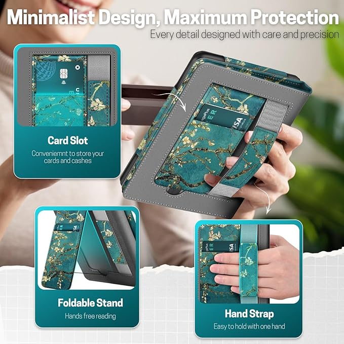 TNP Stand Case with Strap for Kindle Paperwhite 12th Gen 2024 / Kindle Colorsoft Signature Edition - 7" PU Leather Protective Folio Cover with Auto Wake/Sleep & Card Slot, Almond Blossom