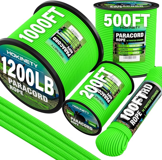 1200 Paracord Rope - 4.4mm 14 Strand Nylon Parachute Spool para Cord Lanyard for Outdoor Camping Survival Utility Tent Crafting DIY Projects Fishing Clothsline Bracelet - Neongreen 1000FT