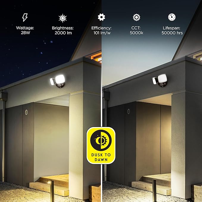 Feit Electric LED Security Light with Motion Sensor and Dusk to Dawn, Outdoor 46W Flood Light, Adjustable 3 Head, Wall Mount, 5000 Lumens, 5000k Daylight, Hardwired, Black S10.5TFL/850/MOT/BZ