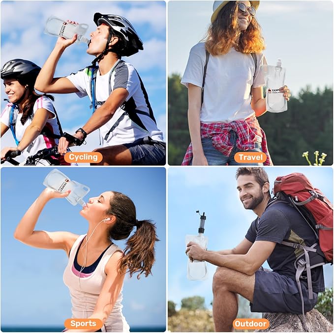 VANPET 1L Hiking Collapsible Water Bottles, 33OZ BPA-Free Plastic Flasks, Reusable Drink Bags, Foldable Backpacking Water Bottle for Travel Camping Hiking (2-Pack)