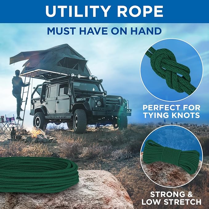 TECEUM Cotton Rope 3/16” (5 mm) – 100 FT – Strong All-Purpose Braided Rope – Natural Cotton – for Crafting, Сamping, Clothes Line, DIY, Indoor & Outdoor Use – Dark Green