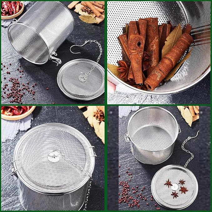 Stainless steel cylindrical seasoning filter, Multi purpose spice filter, Mesh Design Tea Ball Strainer Soup Seasonings Seperation Basket Filter with Chain Hook for Home Restaurant (8 * 9CM/0.452L)