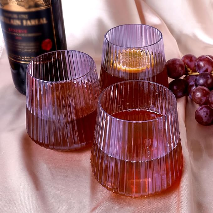 Lueumxc 40 Pack Plastic Ribbed Wine Glasses, 14Oz Origami Disposable Wine Glasses Unbreakable Clear Plastic Cocktail Glasses Recyclable Shatterproof Reusable Wine Cups (14oz-blue-40pack)