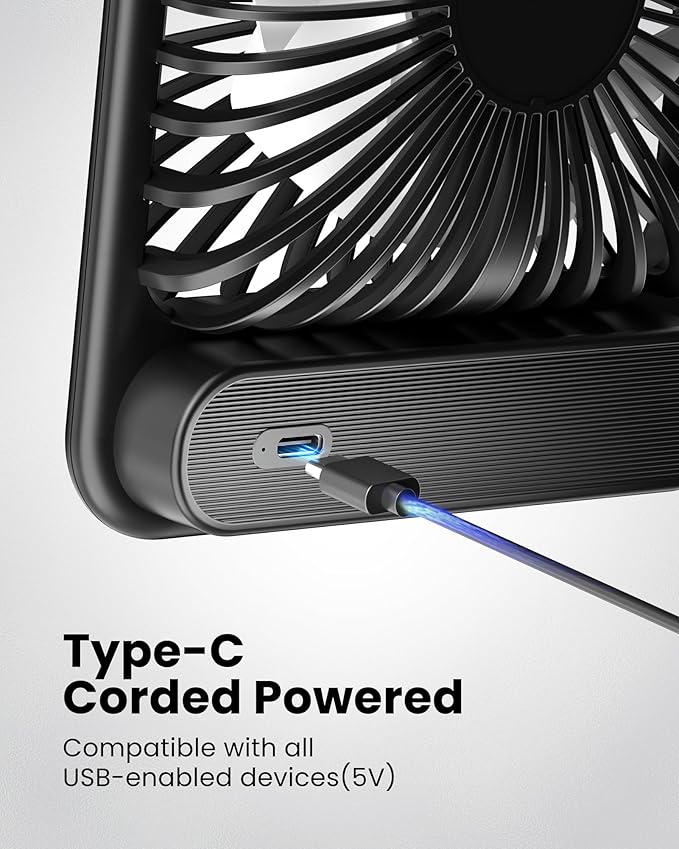 Koonie USB Desk Fan, Strong Wind Ultra Quiet Small Personal Fan with 180° Tilt Folding and 3 Speeds Adjustable, USB-C Corded Powered Mini USB Fan for Office Desktop Bedroom, NO BATTERY