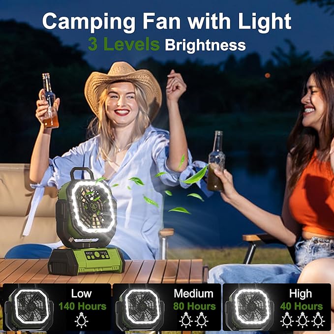 Honesorn Portable Rechargeable Fan 20000mAh, Camping Fan with LED Light & Remote, USB C Cordless Battery Powered, 4 Speeds Timer Hanging Hook for Travel Tent Outdoor Essentials - Green