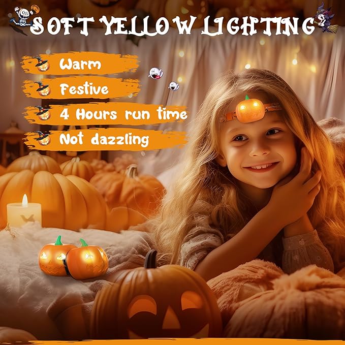 EverBrite Halloween Pumpkin Headlamp 5 Pack, 2 Modes LED Head Lamp Adjustable Headband, Pumpkin Lights Party Favors, Orange Spot & Strobe Lights Halloween Gifts