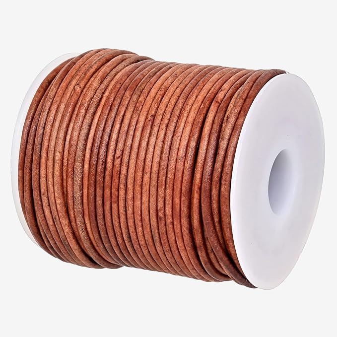 GENIQUE Real/Genuine Round Leather String Cord for Necklace, Bracelets, Jewelry, Kumihimo Braiding, DIY Projects (20 Metres) (2mm, Light Brown Distressed)