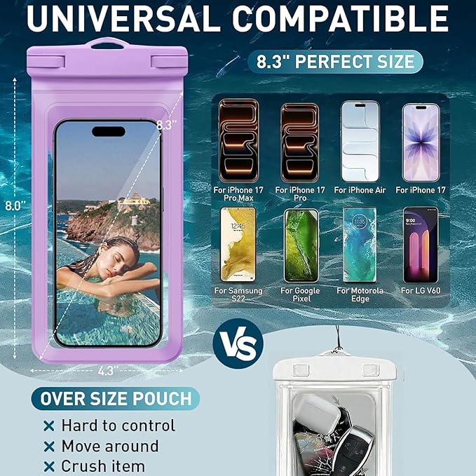 Waterproof Phone Pouch, with Interior Card Pocket, Large Waterproof Phone Case for iPhone 17 16 15 14 Pro Max, IPX8 Lightweight Cellphone Dry Bag, Beach Cruise Ship Essential,2 Pc-Purple-8.3″