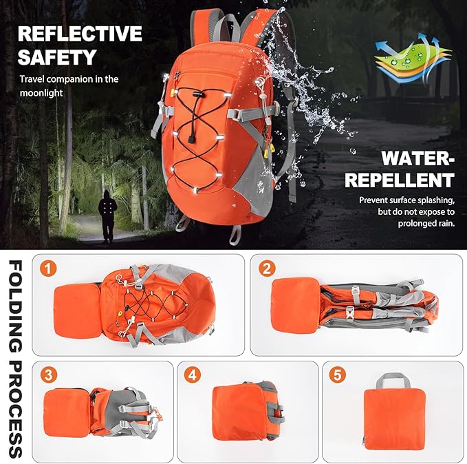 20L Hiking Backpack Lightweight Packable Hiking Daypack, Foldable Small Travel Outdoor Camping Shoulder Bag with Wet Dry Separation (Orange Red)