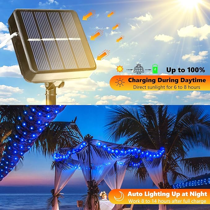 Joomer Solar Fairy Lights, 2-Pack Total 80FT 240LED Solar String Lights Outdoor Waterproof 8 Lighting Modes for Fence Party Garden Patio Yard Home Holiday Tree Outdoor Decoration (Blue)