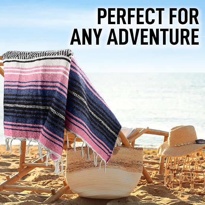 Hydration Nation Authentic Large Handwoven Mexican Blanket - Soft Yoga- Durable Serape- Lightweight Falsa, Beach, Camping, Picnic, Outdoor Blanket 70"x50" - Rose Pastel
