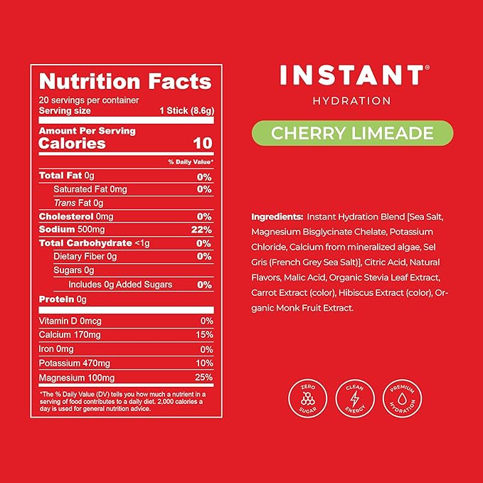 Instant Hydration Sugar Free Electrolytes Powder Packets - Shawn Johnson Cherry Limeade Electrolyte Drink Mix & Travel Essentials - Boost Recovery, Brain Health, Muscle & Tissue Support - 20 Count