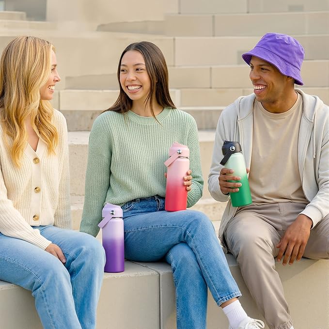 Fijinhom 24oz Insulated Stainless Steel Water Bottle, Wide Mouth Double Wall Vacuum, Silicone Straw, Sweat & Leak Proof, BPA Free Insulated Water Flask for Travel, Keep Cold 24h Hot 12h, Pink Gradient