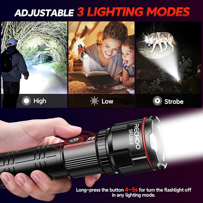 RECHOO Rechargeable Flashlights 1 Pack, Super Bright High Lumens LED Flashlight with LCD Digital Display, 3 Lighting Modes & Zoomable Handheld Flash Lights for Home Camping Emergency