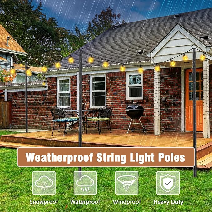NUERPO String Light Poles,Metal Poles for Hanging Outdoor Light Strings,2 Pack 10 FT Light Poles Stand for Outside Garden,Patio,Wedding,Backyard,Deck,Party