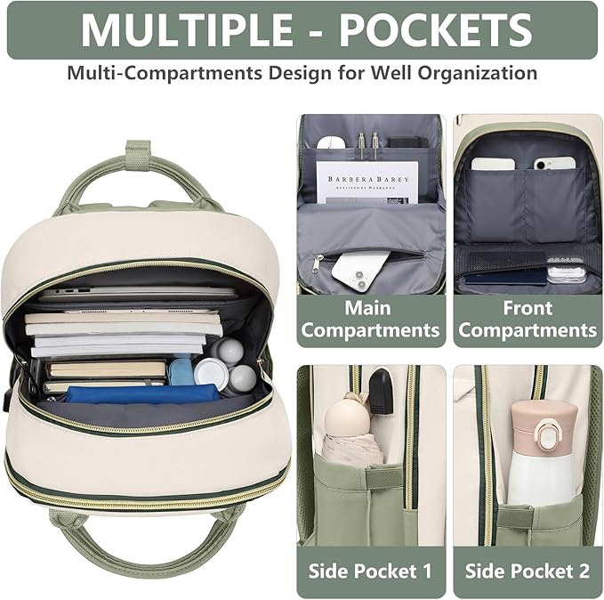 Laptop Backpack for Women Work Bag - 15.6 inch Travel Backpack with USB Charger College Bookbag Waterproof Business Computer Backpack Anti-theft Casual Backpacks for Nurse Teacher Beige Light Green