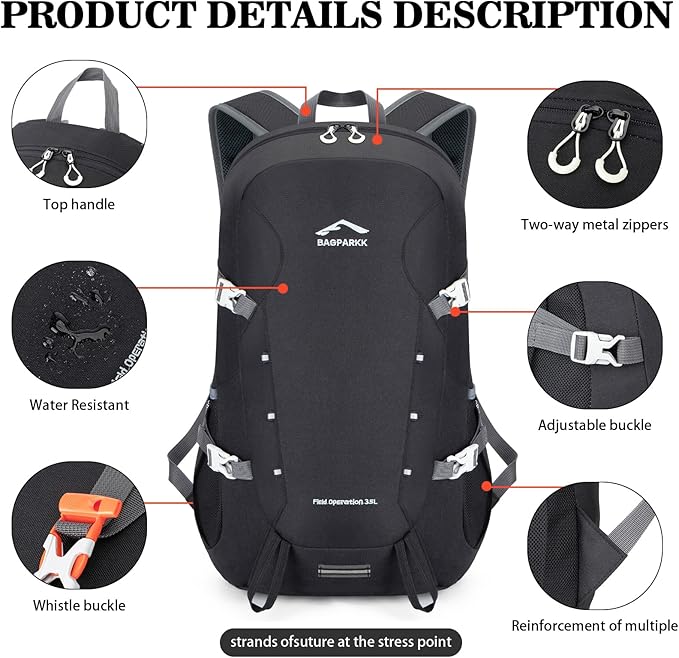 BAGPARKK Hiking Backpack,Large 35L Travel Backpacks for Men Women,Water Resistant Ultra Lightweight Foldable Packable Camping Daypack for Outdoor Sports