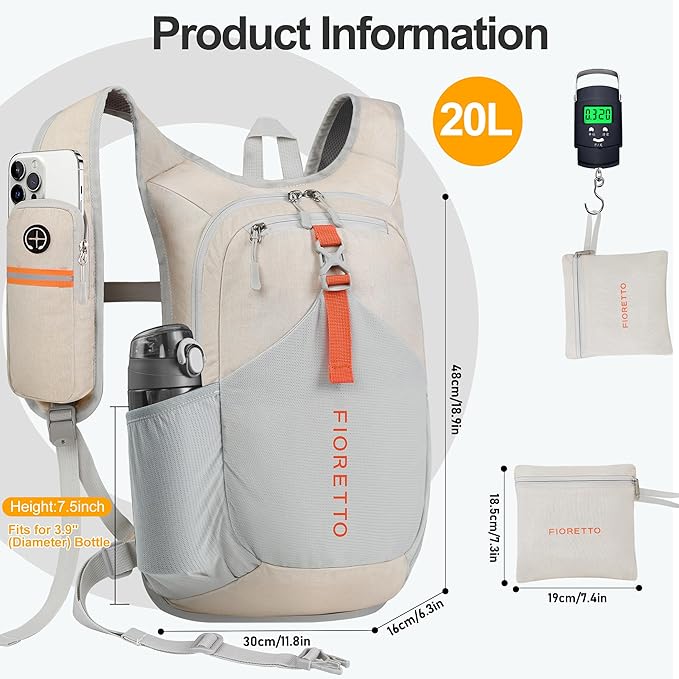 FIORETTO 20L Hiking Backpack for Women Men Mini Packable Backpack Lightweight Small Daypack for Camping Travel Outdoor, Beige