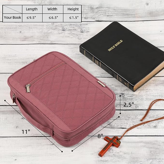 FINDCOZY Bible Cover for Women, Durable Carrying Book Case Church Bag for Biblical Accessories with Handle and Zippered Pocket, for Scriptures, Rosewood Pink