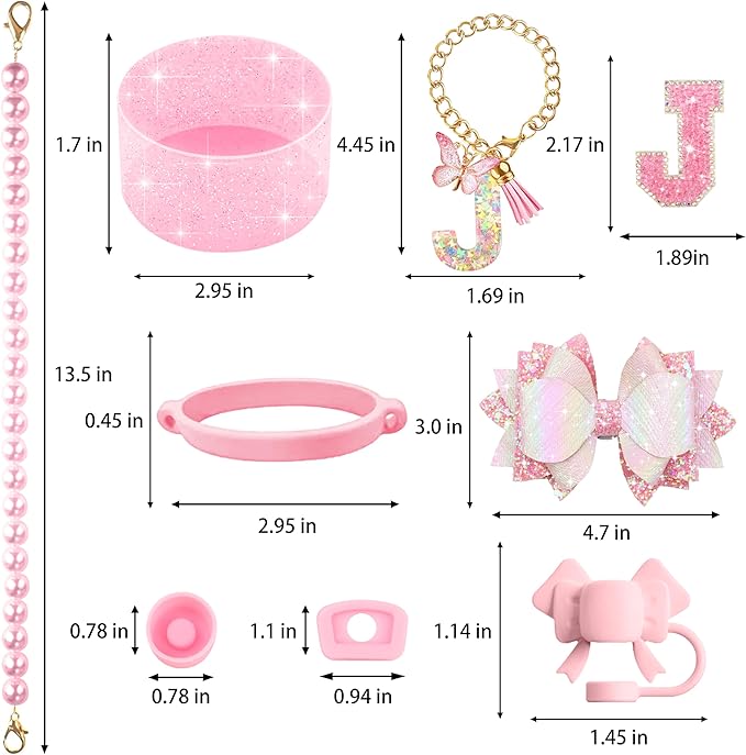9PCS Pink for Stanley Cup Accessories Set Bling Initials Bow Charms for Stanley Decorations 30/40 Oz Tumbler Accessories Including Bow Straw Topper, Handle Strap, Spill Stopper（Letter J）