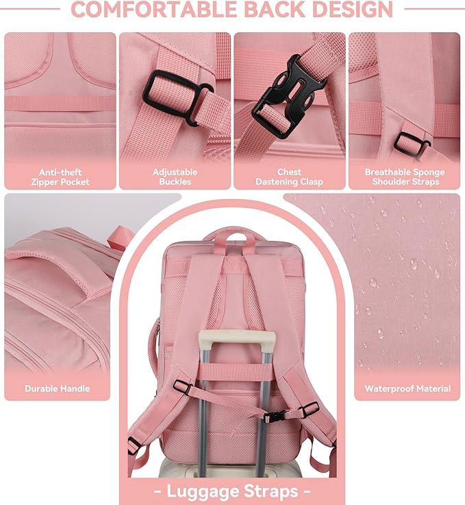 AREYTECO Travel Laptop Backpack for Women, 50L Expandable Extra Large Backpack,Carry On Backpack, Water Resistant Big Bag Anti-Theft Business Daypack Fits 17 Inch Laptop, Pink