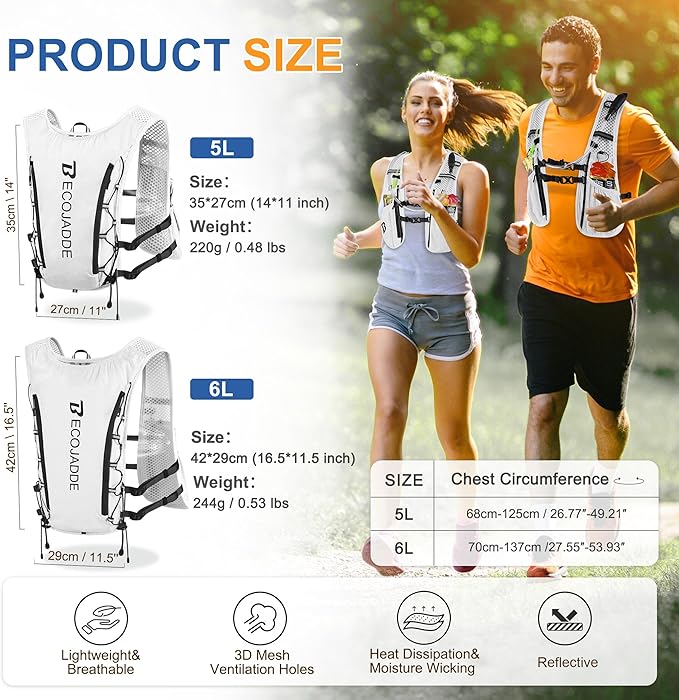 BECOJADDE Running Vest Hydration Backpack for Men Women, 5L Lightweight Running Backpack Hydration Pack for Marathon, Trail, Cycling, Hiking, Jogging