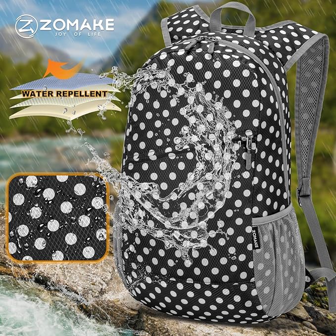 ZOMAKE Lightweight Packable Backpack,Foldable Backpacks Small Daypack for Hiking Water Resistant Day Bag for Travel(Black,White polka dots)