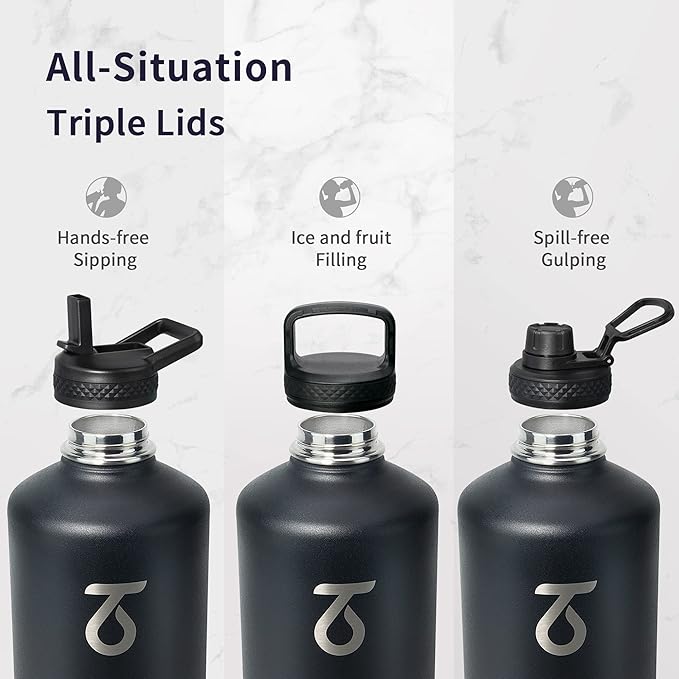 Trebo One Gallon Water Bottle Insulated with Paracord Handle,128oz Large Vacuum Triple Wall Stainless Steel Insulated Jug with Straw Spout Handle Lids, Leakproof Keep Cold & Hot,Black