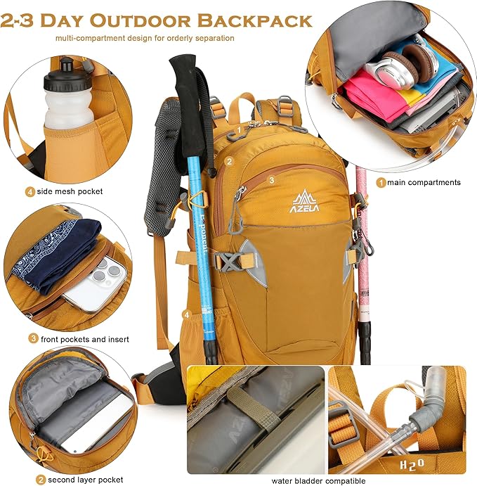 35L Hiking Backpack Detachable Frame Backpack with Rain Cover Waterptoof Travel Backpack for Women Men Daypack for Camping (Gray)