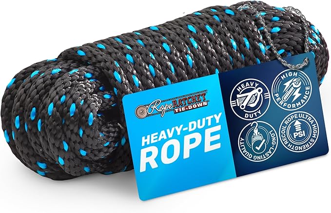 Rope Ratchet 3/8" Heavy Duty Polypropylene Rope – Braided Tie Down, Ratchet Cord for Outdoor, Gardening, DIY, Securing Loads, Tarp Use, Deer Hanging, Moving, Cargo, Knot Tying – 50 ft, Black/Blue
