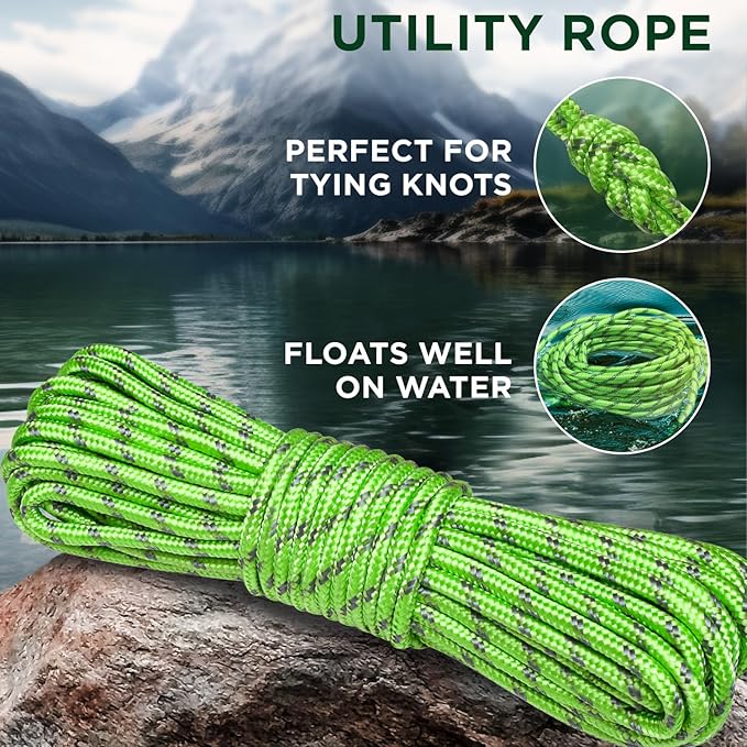TECEUM Rope – 150 Feet x 1/4 Inch (7mm) – Green Gray – Strong All-Purpose Utility Rope – Camping, Crafting, Flag Pole, Indoor & Outdoor – Polypropylene Nylon Poly Lightweight Diamond Braided Cord