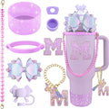 9PCS Purple for Stanley Cup Accessories Set Bling Initials Bow Charms for Stanley Decorations 30/40 Oz Tumbler Accessories Including Bow Straw Topper, Handle Strap, Spill Stopper（Letter M）