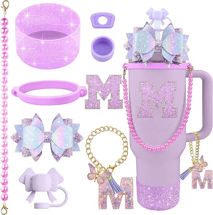 9PCS Purple for Stanley Cup Accessories Set Bling Initials Bow Charms for Stanley Decorations 30/40 Oz Tumbler Accessories Including Bow Straw Topper, Handle Strap, Spill Stopper（Letter M）
