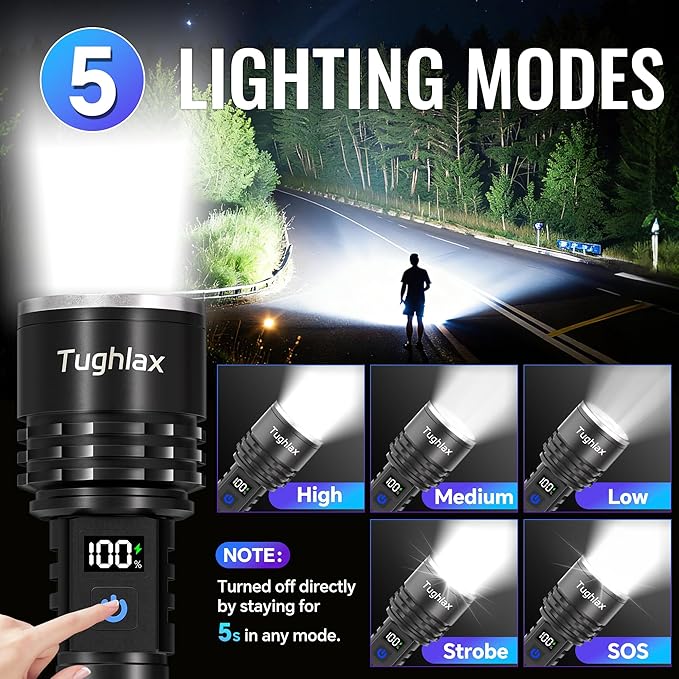 Rechargeable Flashlights High Lumens, 90,000 Lumens Super Bright LED Flashlight Tactical Flashlight with LCD Digital Display, 5 Modes Zoomable Waterproof Powerful Handheld Flashlight for Home