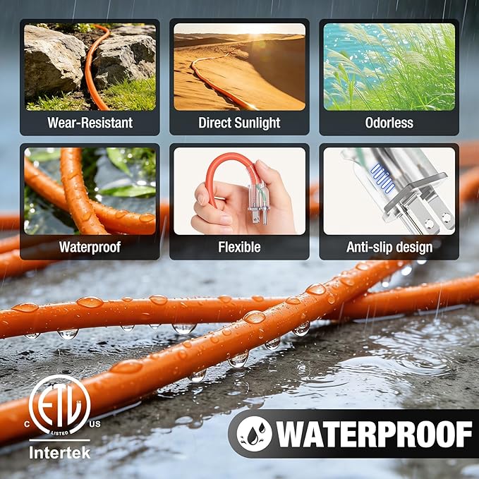 50 FT Outdoor Extension Cord Waterproof, 16/3 Gauge Heavy Duty 3 Prong Power Cord with Lighted Indicator End, 13A 125V 1625W SJTW, ETL Listed, Great for Lawn/Garden/Home(Orange)