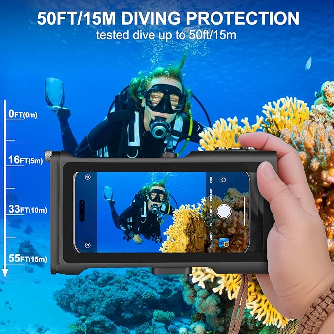 Universal Underwater Diving Phone Case with Bluetooth Controller, IP68 50FT Waterproof for iPhone 17 (Standard Only), iPhone 16/15/14/13/12/11 & Galaxy S24/S23/S22, Black+Orange