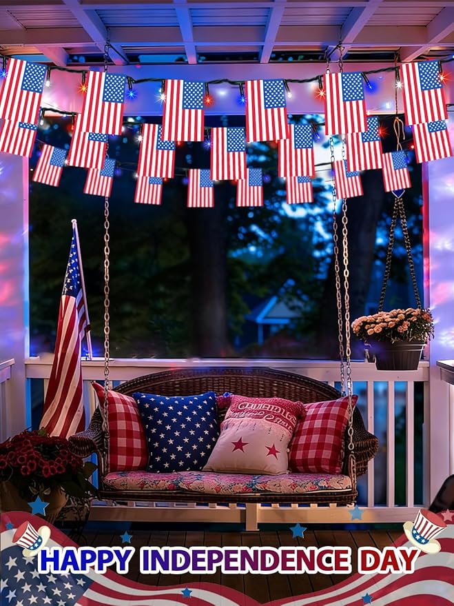 4th of July Decorations, Solar American Flag Lights Outdoor with 8 Modes, 18.8FT 25 USA Flags & 50 Red White and Blue LEDs Patriotic String Lights Waterproof for Independence Day 250th Anniversary