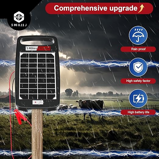 5 Miles Solar Powered Electric Fence Charger – 0.11J Output, 24/7 Day/Night Protection, Portable Fence Energizer for Dogs, Chickens, Garden & Livestock, Rechargeable Solar Panel, Rugged & Waterproof