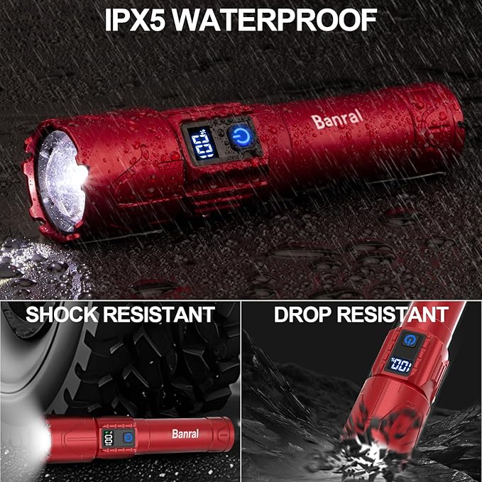 Rechargeable Tactical Flashlights 2000 High Lumens - 5000mAh Super Bright LED Powerful Flash Light, Waterproof Handheld USB C Flashlight for Home,Car,Camping,Emergencies,5 Modes,Zoomable (2, Red)
