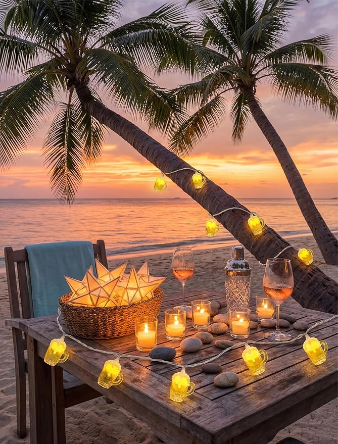 Beer Mug String Lights, 8.5FT 10 LED Summer Lights with UL Certified Plug, Waterproof Tropical Party Decorations for Patio, Warm White Hawaiian String Lights for Garden Backyard Bedroom Bar Decor