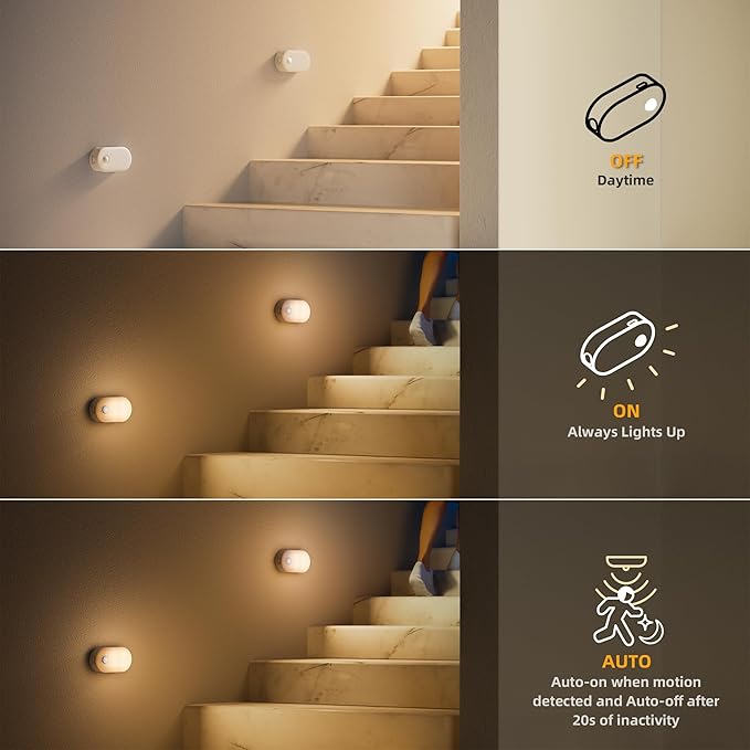 Lyridz Rechargeable Battery Night Light with Motion Sensor, Portable Mini Warm White LED Stick-on Closet Light, Adjustable Brightness for Bathroom, Bedroom, Kitchen, Cabinet, Stairs, Hallway, 2-Pack